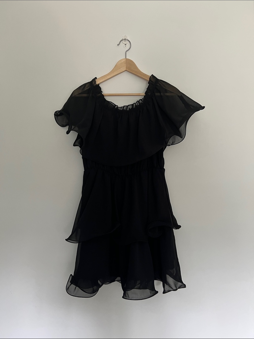 prettylittlething black chiffon tiered ruffle party dress, US size 10